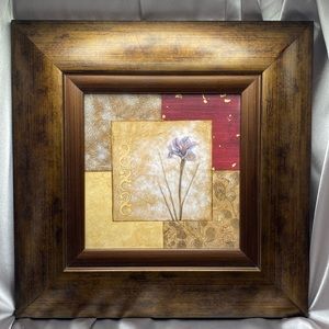Seasons floral picture with rich tones, bronze, burgundy, and bluish flower